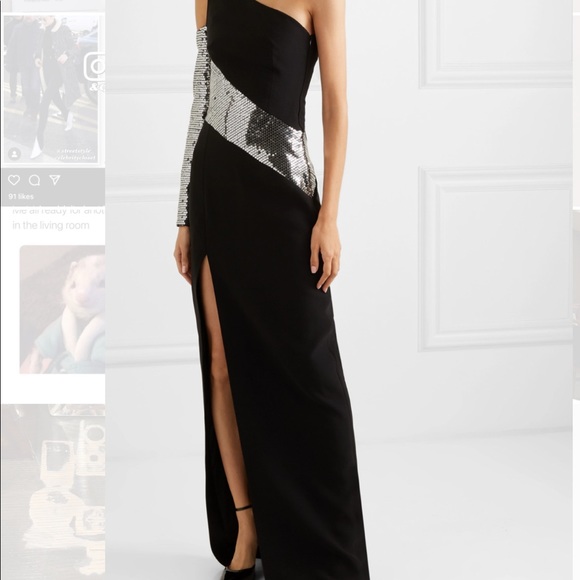RASARIO ONE SLEEVE SEQUIN EMBELLISHED CREPE GOWN - Picture 3 of 5